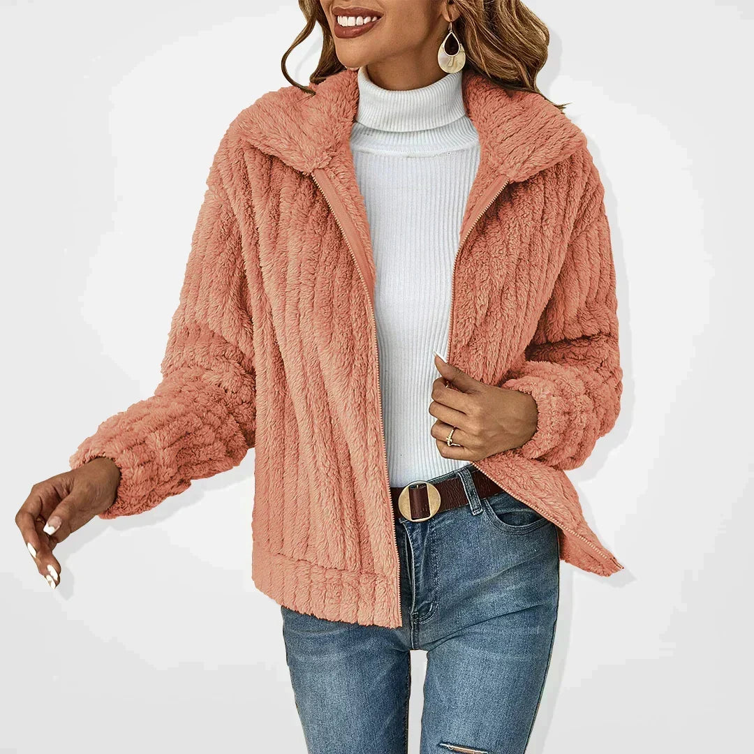 Damen Teddy-Fleece Jacke mit Reißverschluss Kragen