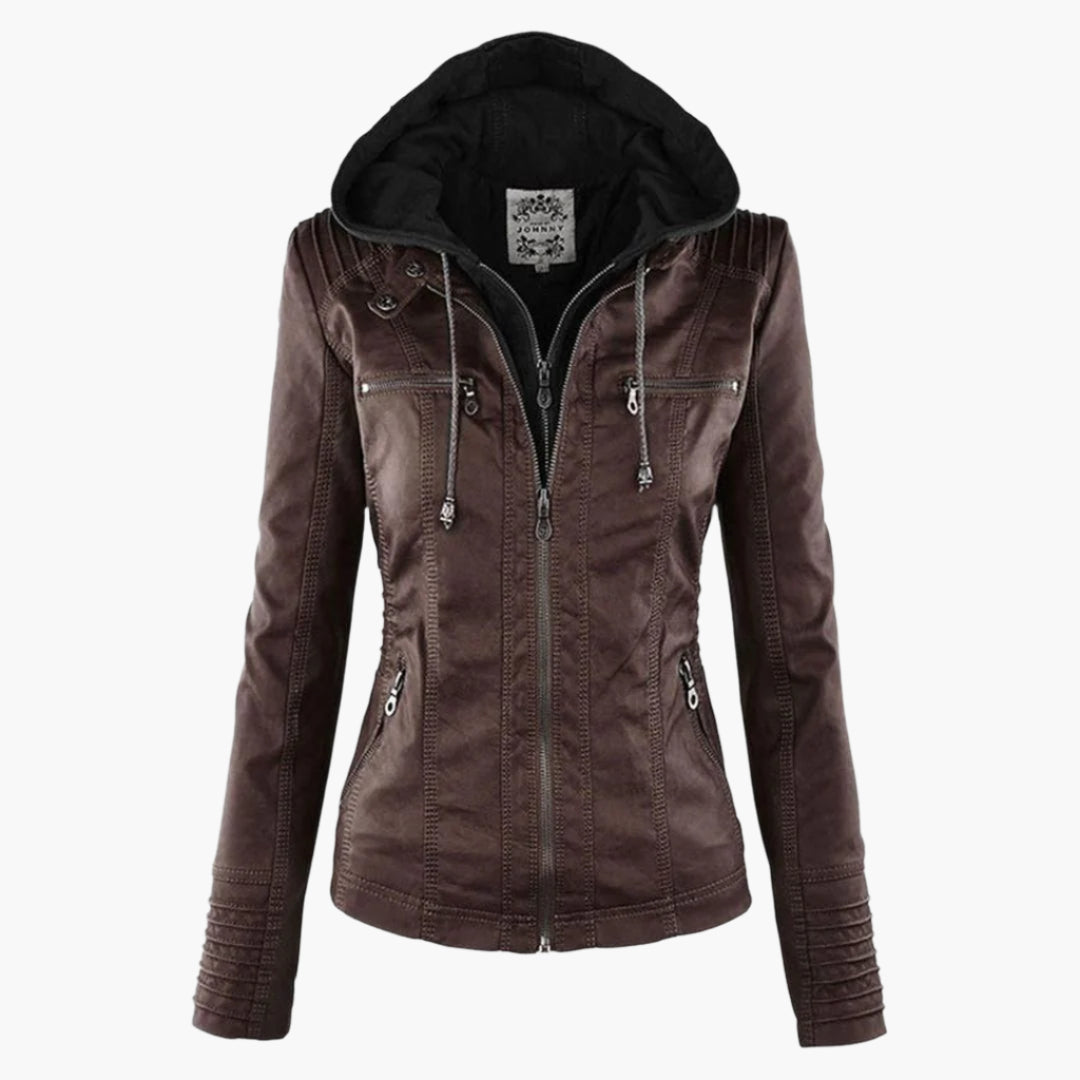 Damen Übergangsjacke mit Kapuze und Reißverschluss im modernen Biker-Stil