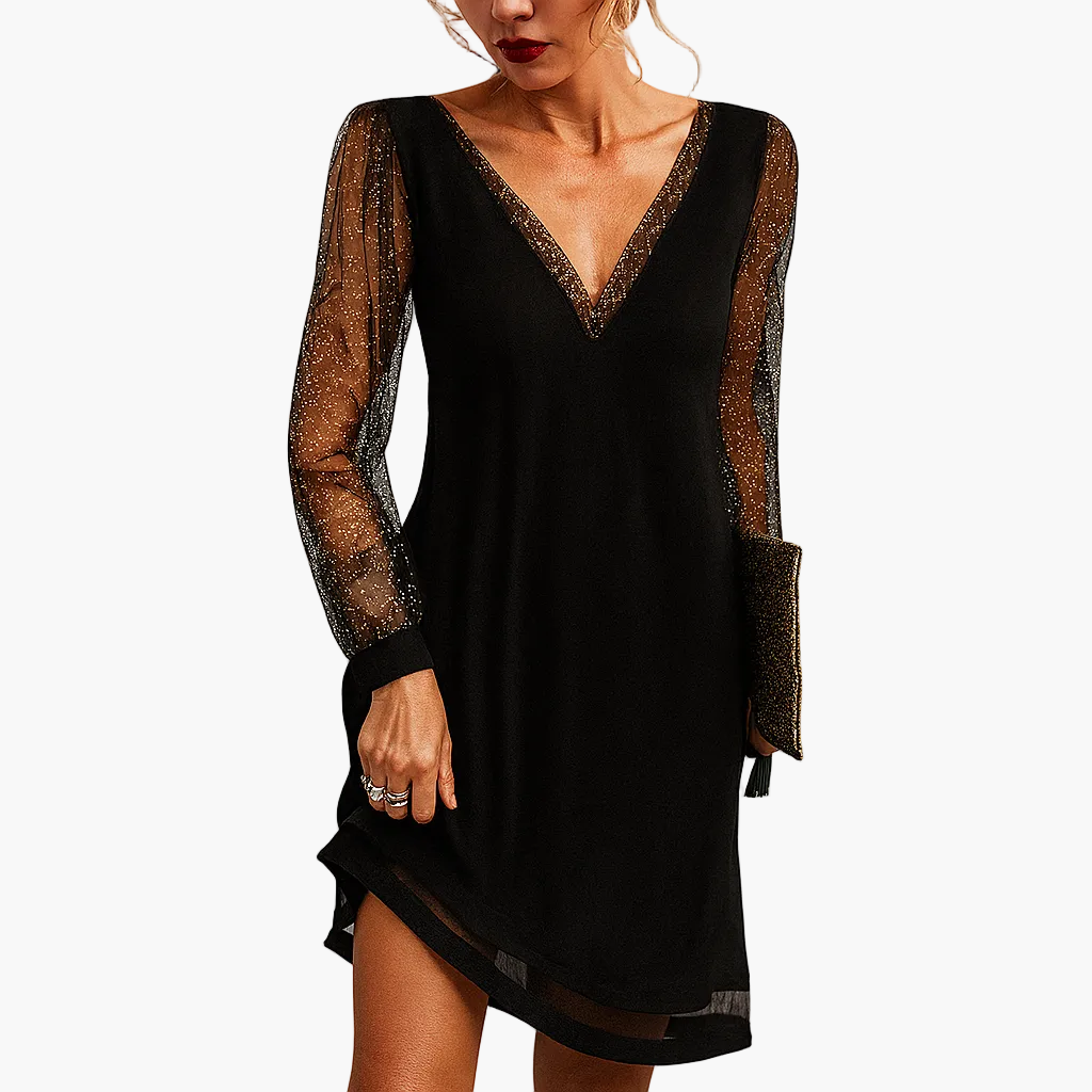 Damen Abendkleid mit transparenten Glitzerärmeln und V-Ausschnitt – Elegantes Cocktailkleid für besondere Anlässe