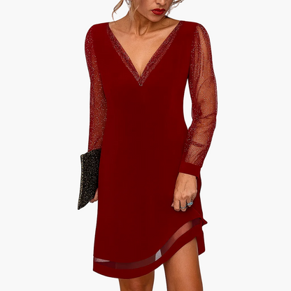 Damen Abendkleid mit transparenten Glitzerärmeln und V-Ausschnitt – Elegantes Cocktailkleid für besondere Anlässe