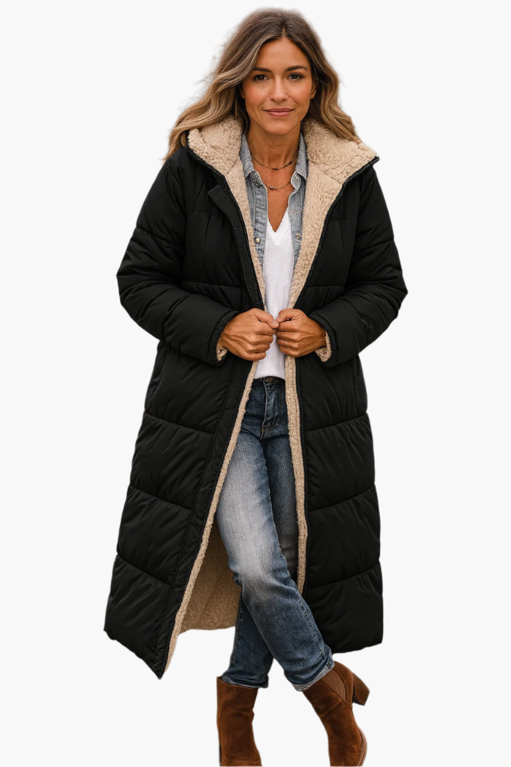 Damen Langer Steppmantel mit Warmem Teddyfutter – Stilvoller Wintermantel für Alltag & Freizeit