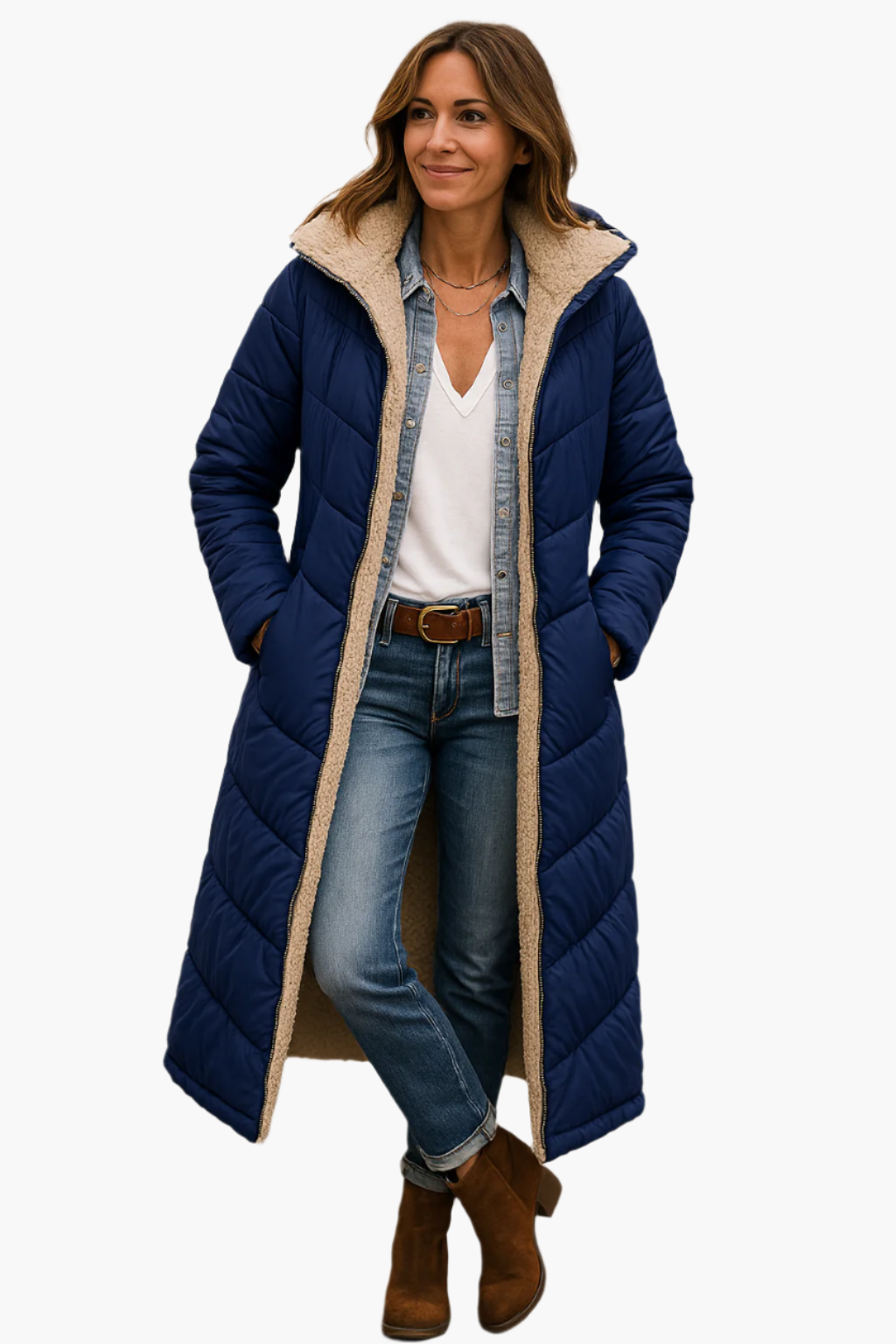 Damen Langer Steppmantel mit Warmem Teddyfutter – Stilvoller Wintermantel für Alltag & Freizeit
