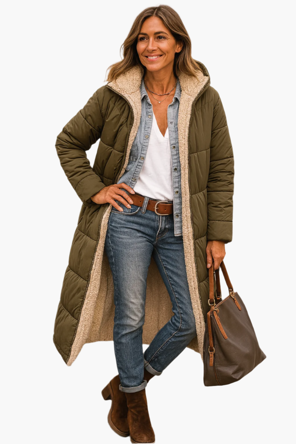 Damen Langer Steppmantel mit Warmem Teddyfutter – Stilvoller Wintermantel für Alltag & Freizeit