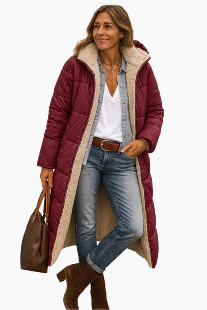Damen Langer Steppmantel mit Warmem Teddyfutter – Stilvoller Wintermantel für Alltag & Freizeit