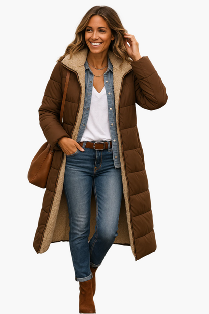 Damen Langer Steppmantel mit Warmem Teddyfutter – Stilvoller Wintermantel für Alltag & Freizeit