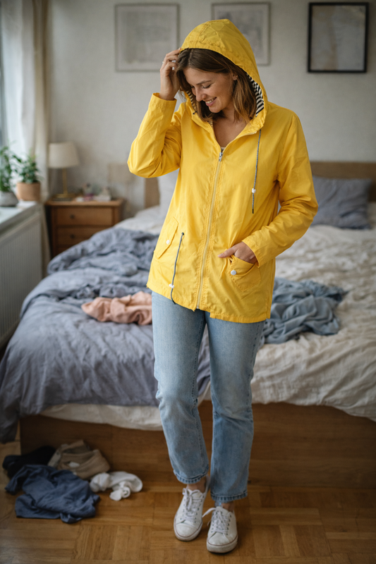 Damen Regenjacke mit Kapuze und Reißverschluss, gestreiftem Futter, wasserabweisend