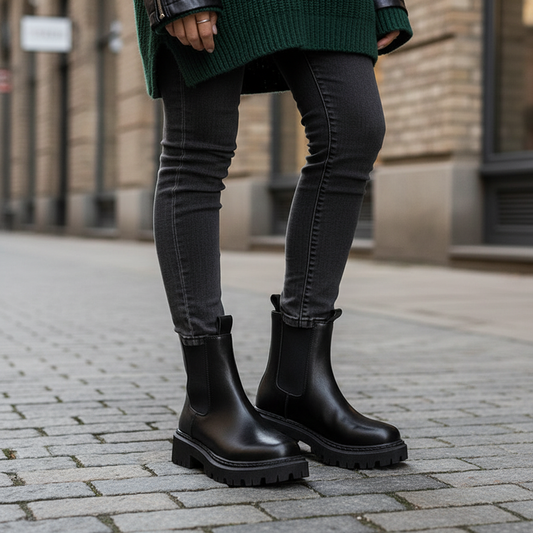 Damen Chelsea Boots Schwarz Beige mit derber Profilsohle und seitlichen Elastikeinsätzen