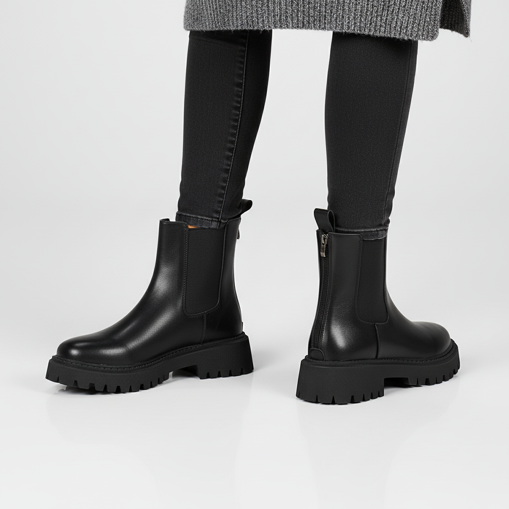 Damen Chelsea Boots Schwarz Beige mit derber Profilsohle und seitlichen Elastikeinsätzen