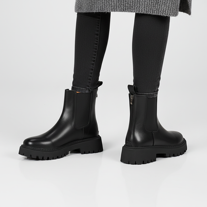 Damen Chelsea Boots Schwarz Beige mit derber Profilsohle und seitlichen Elastikeinsätzen