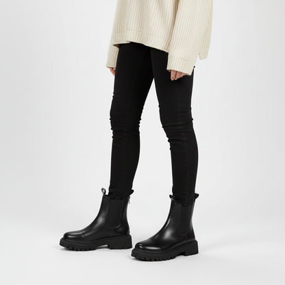 Damen Chelsea Boots Schwarz Beige mit derber Profilsohle und seitlichen Elastikeinsätzen