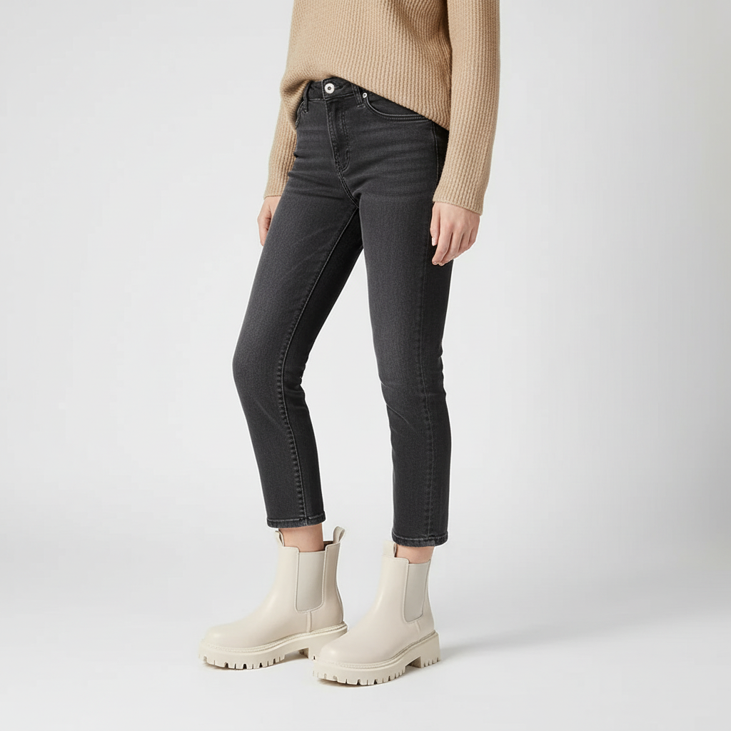 Damen Chelsea Boots Schwarz Beige mit derber Profilsohle und seitlichen Elastikeinsätzen