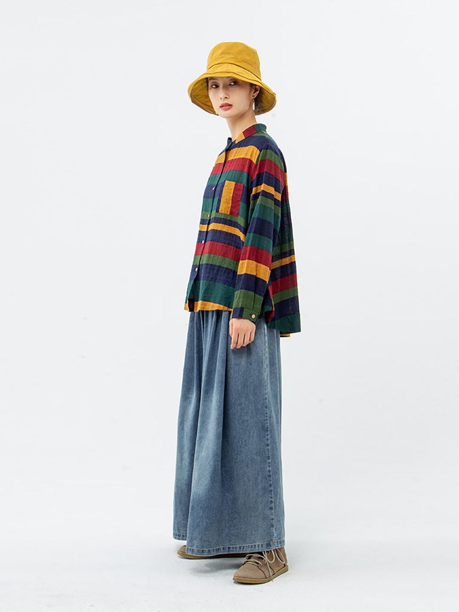 Damen Casual Oversize Streifen Bluse mit Stehkragen – Lockeres Baumwollhemd für Alltag und Freizeit