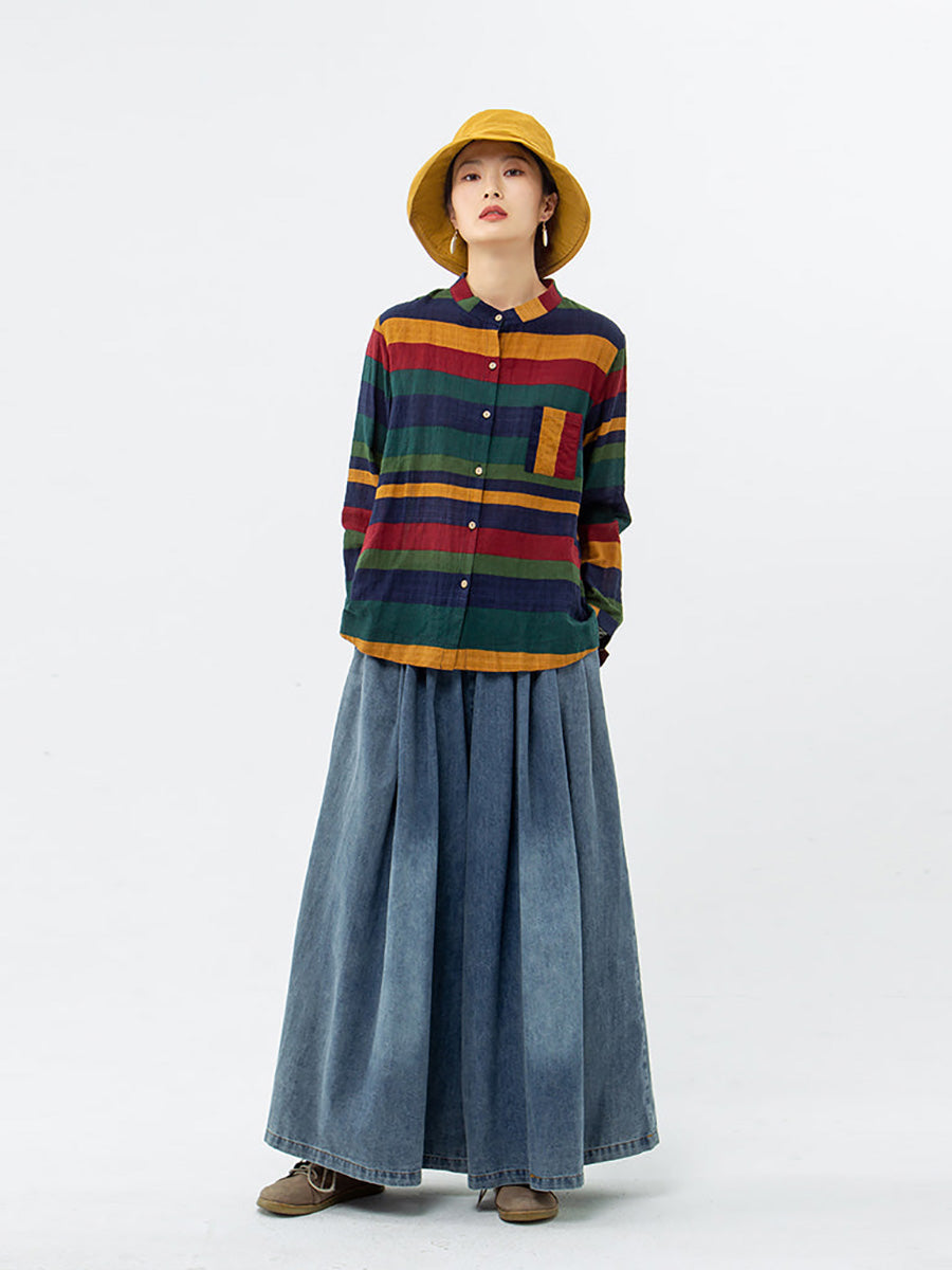 Damen Casual Oversize Streifen Bluse mit Stehkragen – Lockeres Baumwollhemd für Alltag und Freizeit