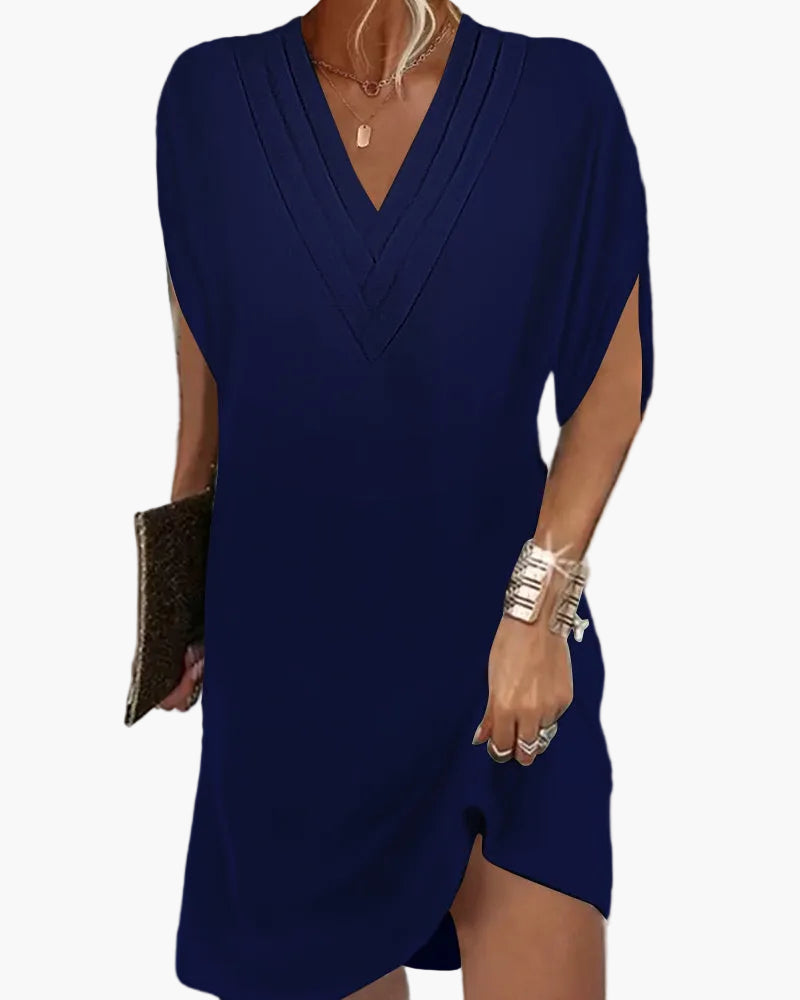 Damen Kleid Elegant V-Ausschnitt Kurzarm Sommer Freizeitkleid mit Schlitz