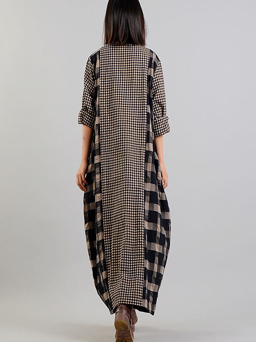 Damen Retro Maxikleid mit Karomuster und V-Ausschnitt – Lässiger Vintage-Stil für Alltag und Freizeit