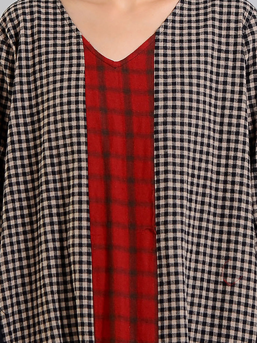 Damen Retro Maxikleid mit Karomuster und V-Ausschnitt – Lässiger Vintage-Stil für Alltag und Freizeit