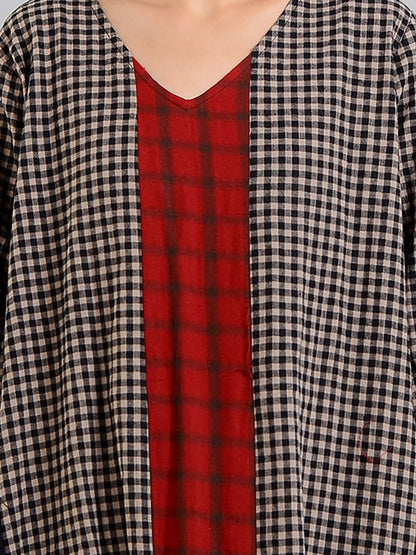 Damen Retro Maxikleid mit Karomuster und V-Ausschnitt – Lässiger Vintage-Stil für Alltag und Freizeit