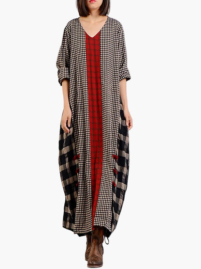 Damen Retro Maxikleid mit Karomuster und V-Ausschnitt – Lässiger Vintage-Stil für Alltag und Freizeit