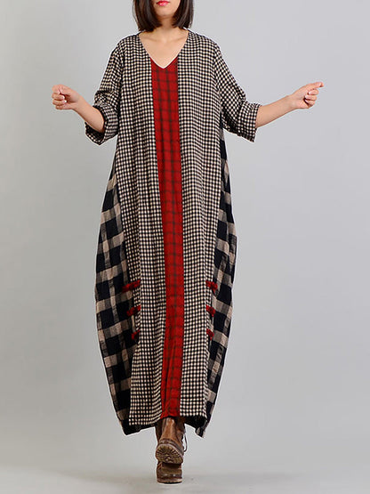 Damen Retro Maxikleid mit Karomuster und V-Ausschnitt – Lässiger Vintage-Stil für Alltag und Freizeit
