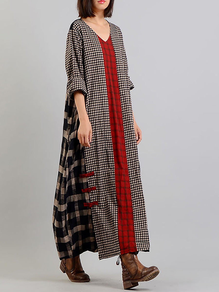 Damen Retro Maxikleid mit Karomuster und V-Ausschnitt – Lässiger Vintage-Stil für Alltag und Freizeit