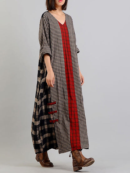 Damen Retro Maxikleid mit Karomuster und V-Ausschnitt – Lässiger Vintage-Stil für Alltag und Freizeit