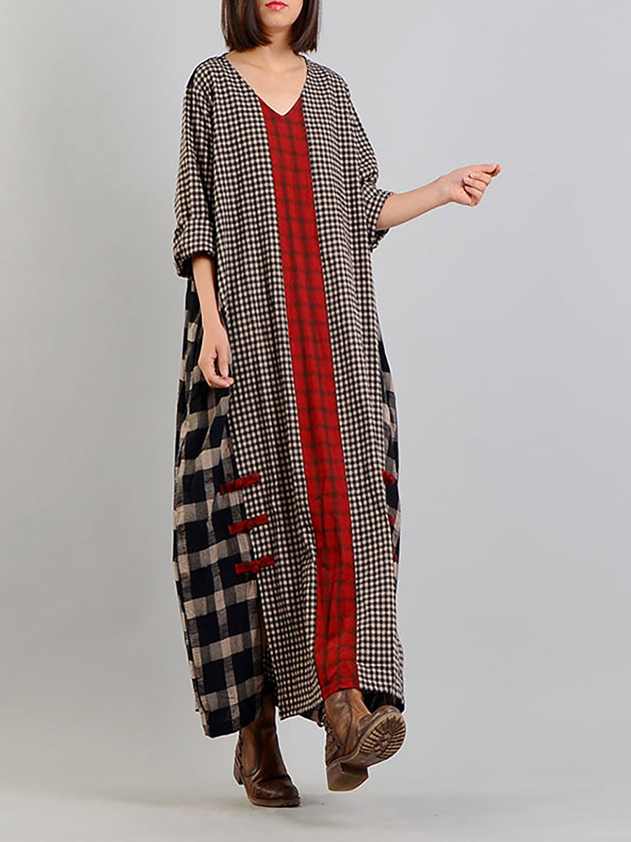 Damen Retro Maxikleid mit Karomuster und V-Ausschnitt – Lässiger Vintage-Stil für Alltag und Freizeit
