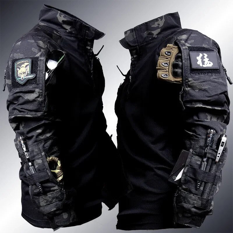 Herren Taktik-Set – Combat Longsleeve mit Half-Zip & Cargo-Hose mit Knieschutz für Airsoft, Paintball & Outdoor