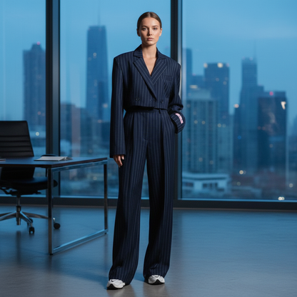 Damen Nadelstreifen Anzug Set Marineblau mit weiter Hose & kurzem Blazer