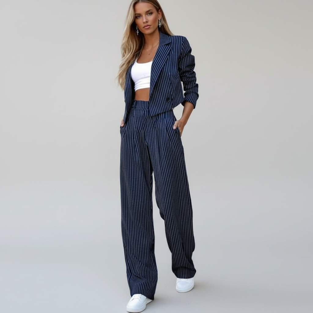 Damen Nadelstreifen Anzug Set Marineblau mit weiter Hose & kurzem Blazer