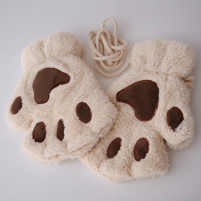 Flauschige Fäustlinge mit Pfoten-Design und Bindeband, in mehreren Farben erhältlich