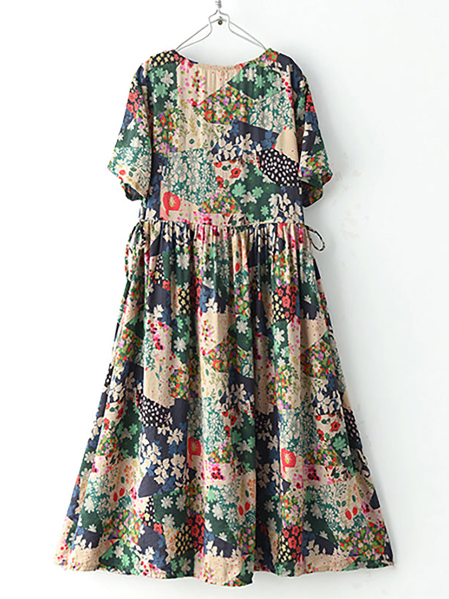 Damen Vintage Maxikleid im Boho-Stil – Lockeres Sommerkleid mit Blumenmuster, ideal für Alltag & Urlaub
