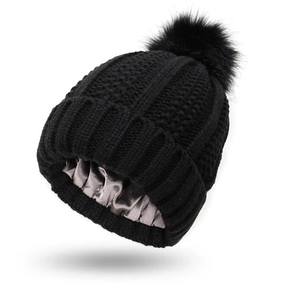 Unisex Strickmütze mit Pompon und Innenfutter