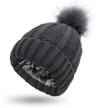 Unisex Strickmütze mit Pompon und Innenfutter