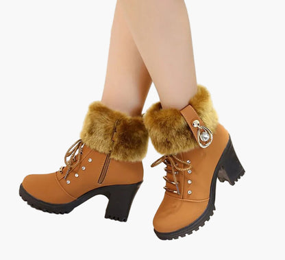 Damen Winterstiefeletten mit Kunstpelz und Absatz – Elegante Schnürboots für kalte Tage