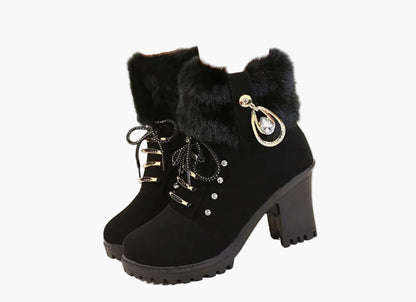 Damen Winterstiefeletten mit Kunstpelz und Absatz – Elegante Schnürboots für kalte Tage
