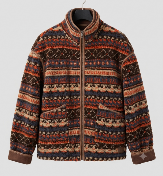 Unisex Fleecejacke mit Stehkragen & Norwegermuster Reißverschluss Braun Orange Blau