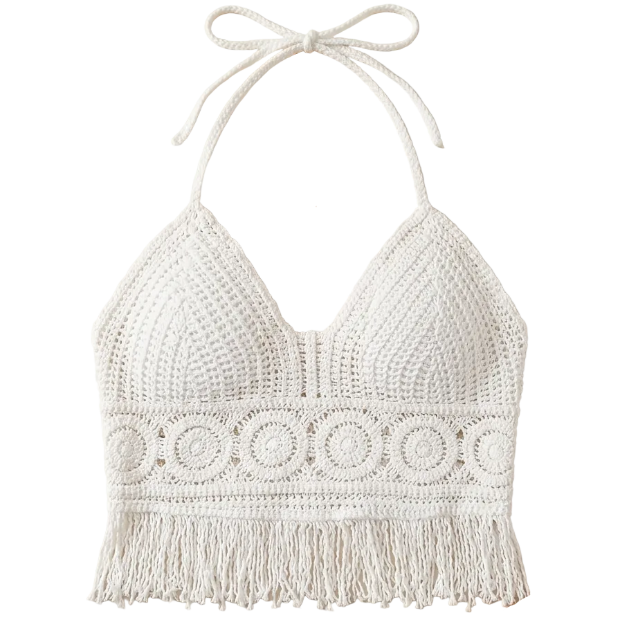 Damen Boho Häkel-Haltertop mit Fransen – Sommer Festival Oberteil