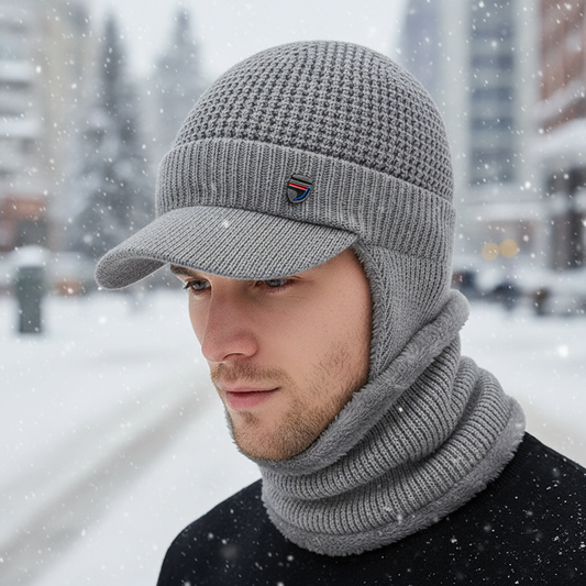 Strickmütze mit Schirm & Halswärmer Set - Gefüttert für Herren
