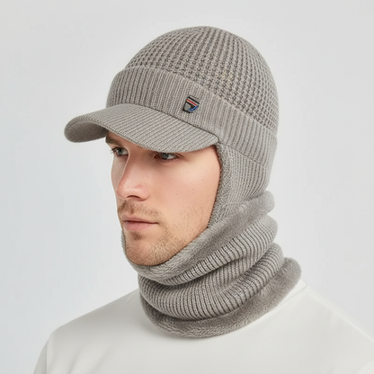 Strickmütze mit Schirm & Halswärmer Set - Gefüttert für Herren