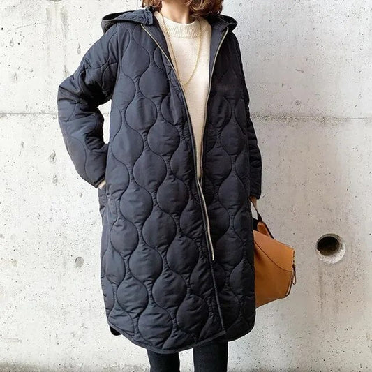 Gesteppter Damen Steppmantel mit Kapuze und Reißverschluss, lange Winterjacke