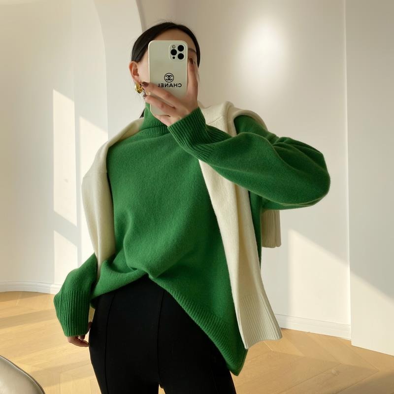Damen Rollkragenpullover Strickpullover Oversize Pullover mit Rippbündchen