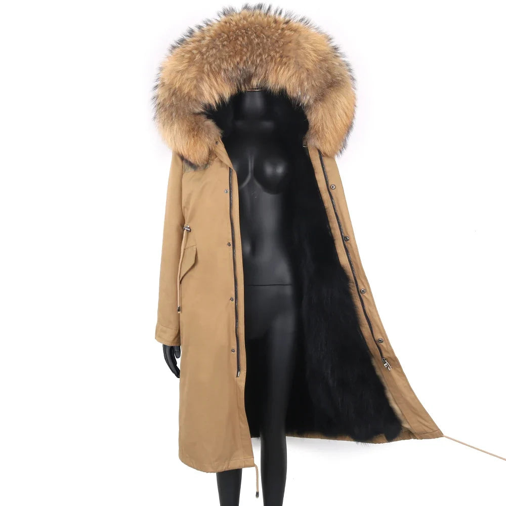 Langer Damen Winter Parka mit Kapuze und Pelzbesatz, warm gefüttert