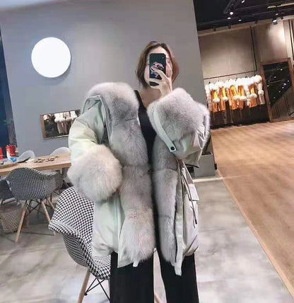 Damen Parka Jacke mit Kapuze und Pelzimitat Futter Olive Grün