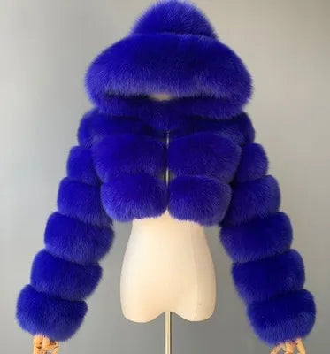 Kurze Damen Pelzimitat Jacke mit Kapuze und langen Ärmeln