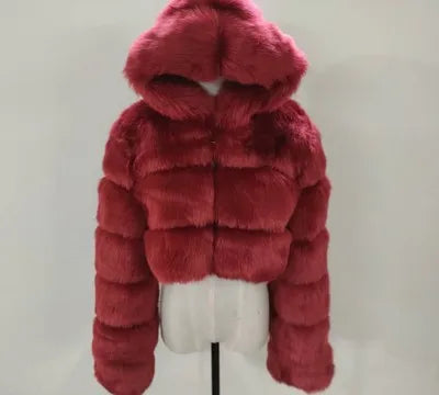 Kurze Damen Pelzimitat Jacke mit Kapuze und langen Ärmeln