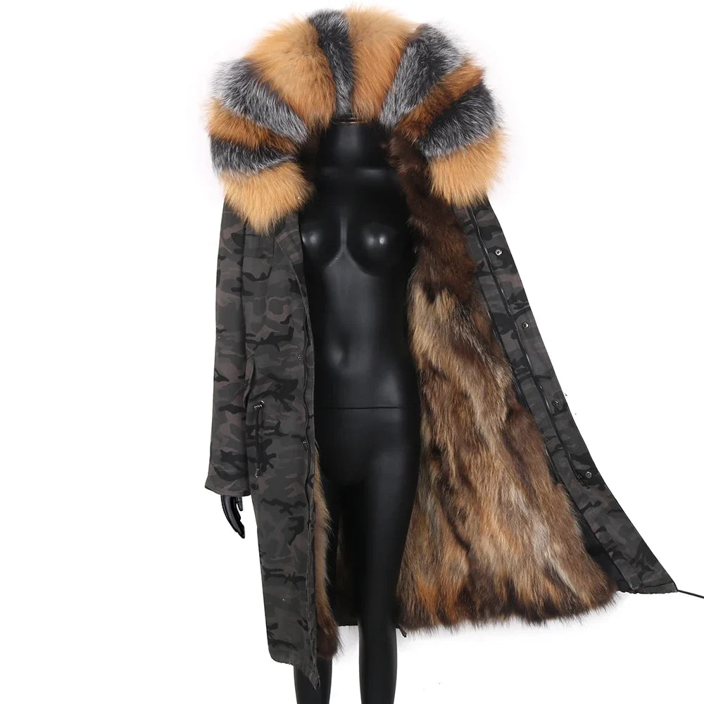 Langer Damen Winter Parka mit Kapuze und Pelzbesatz, warm gefüttert