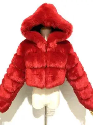 Kurze Damen Pelzimitat Jacke mit Kapuze und langen Ärmeln