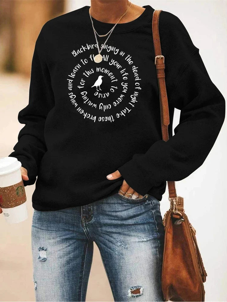 Sweatshirt Damen Rundhals Langarm mit "Blackbird" Schriftzug Druck
