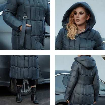 Damen Winter Steppmantel Lang mit Kapuze – Eleganter Outdoor-Parka Plus Size