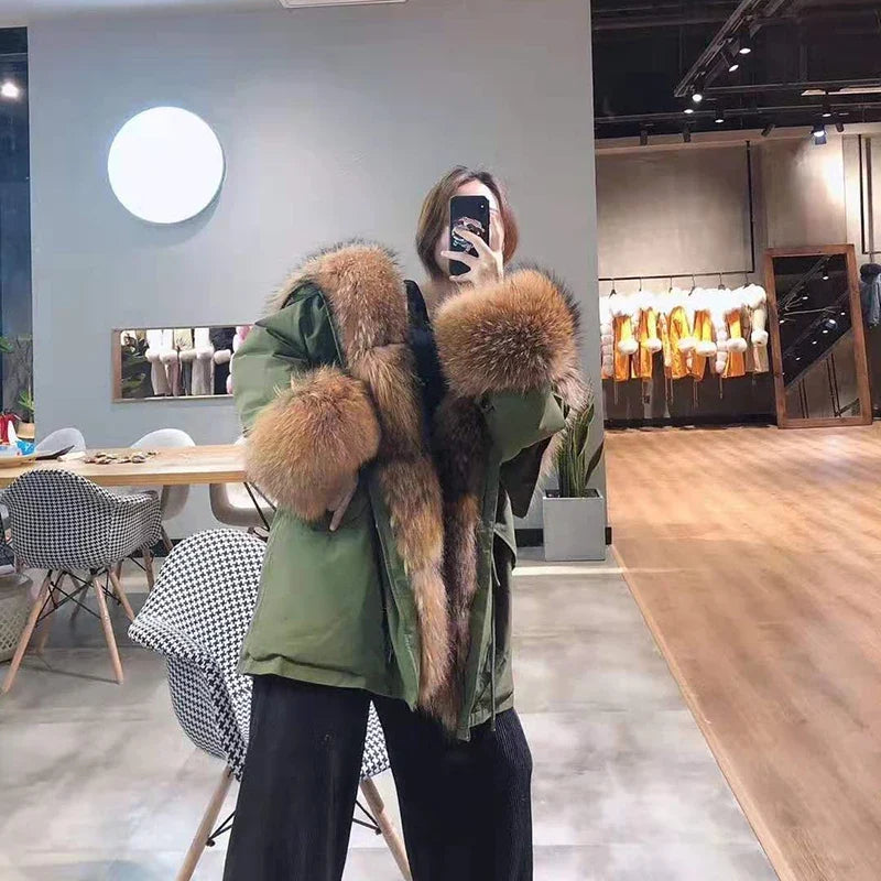 Damen Parka Jacke mit Kapuze und Pelzimitat Futter Olive Grün
